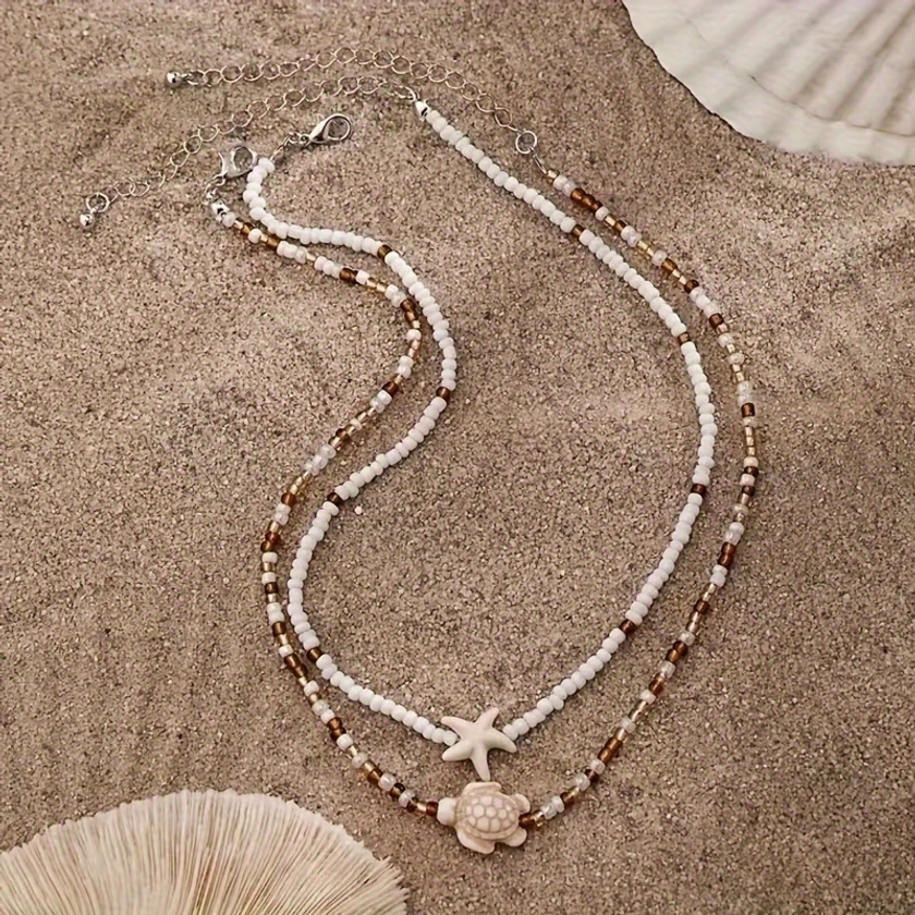 2pcs/set Colliers de perles à breloques coquillages et étoiles de mer, style vintage bohème, perles de riz en résine, ensemble de bijoux de plage polyvalent
