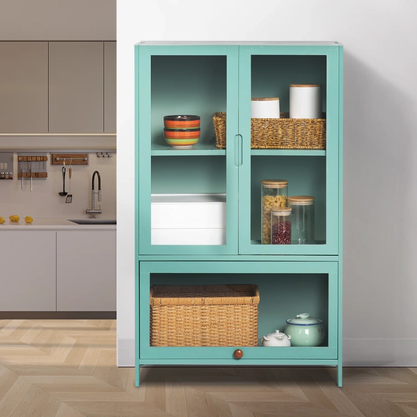 3 Tier Bamboo Sideboard Pantry Floor Cupboard Buffet With Acrylic Doors