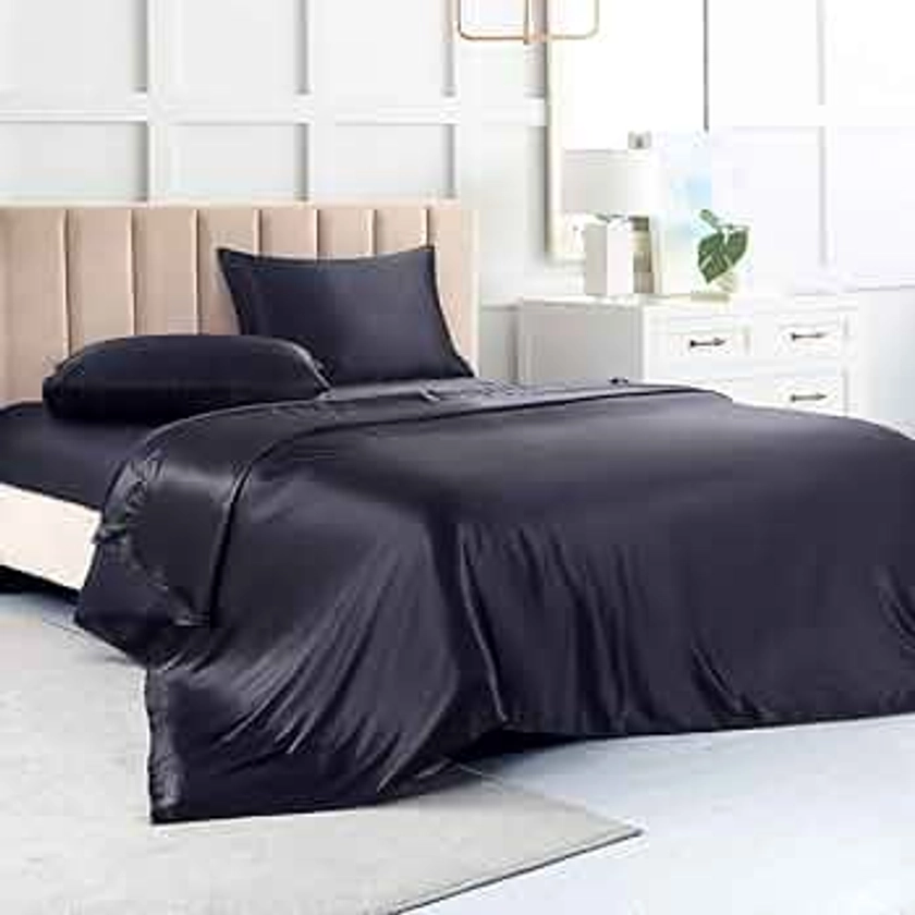 Satin Bed Sheets Full Size Sheet Sets, Black Silk Sheets, 4 - Pieces Soft Bedding Set with 1 Deep Pocket Fitted Sheet,1 Flat Sheet,2 Pillowcase