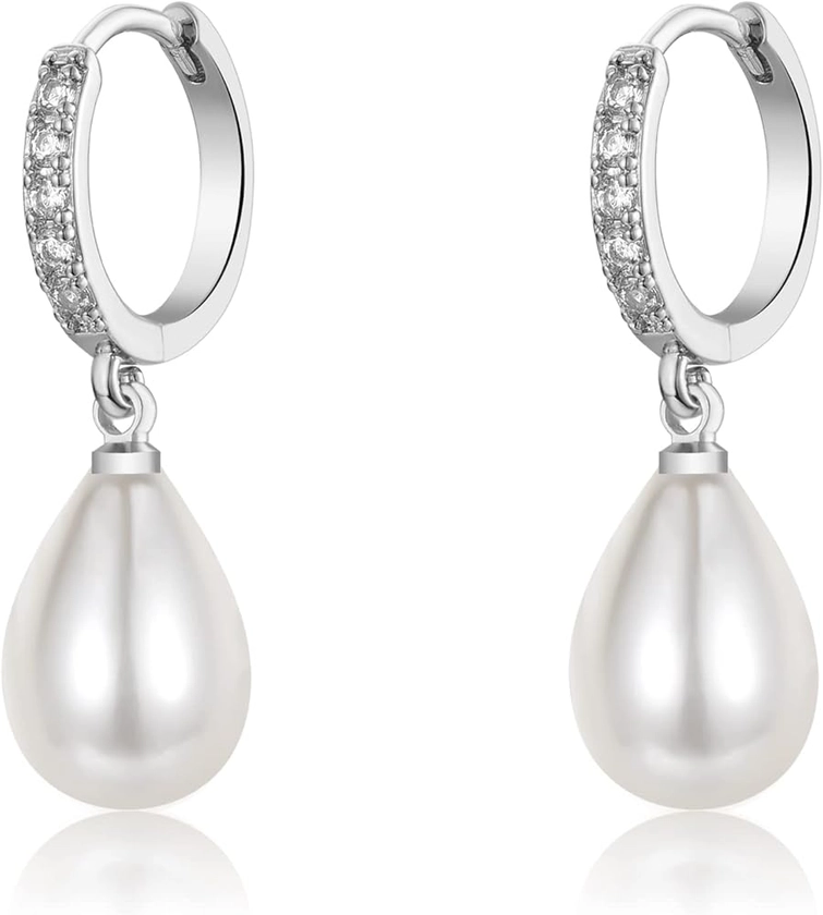 EPIRORA Sterling Silver Simulated Shell Pearl Hoop Earrings Cubic Zirconia Dangle Drop Earrings Jewelry for Women 10mm, Silver (Teardrop)