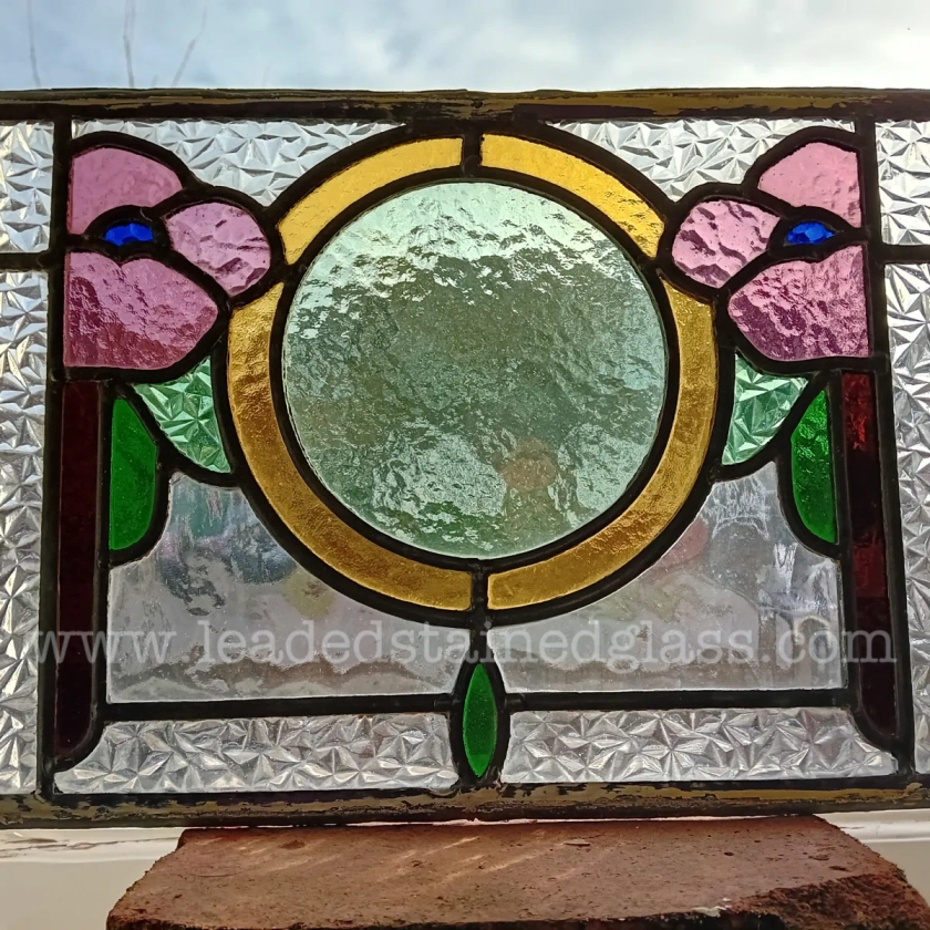 A1633e. Leaded stained glass pansy window panel