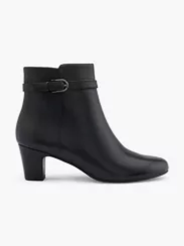 Black Leather Heeled Ankle Boot with Buckle Detail