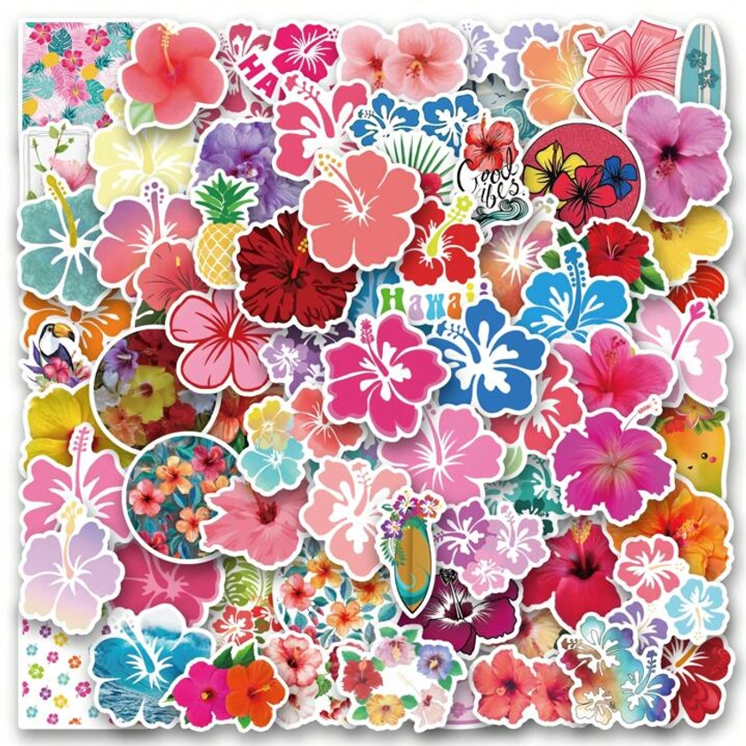 100PCS Hibiscus Flower Stickers, Craft Scrapbooking, Diary, Laptop, Bumper, Skateboard, Water Bottle, Computer, Phone, Cartoon, Hard Hat, Car Sticker, Mobile Phone, Water Bottle, Envelope, Happy Aesthetic Decoration, Vinyl Sticker