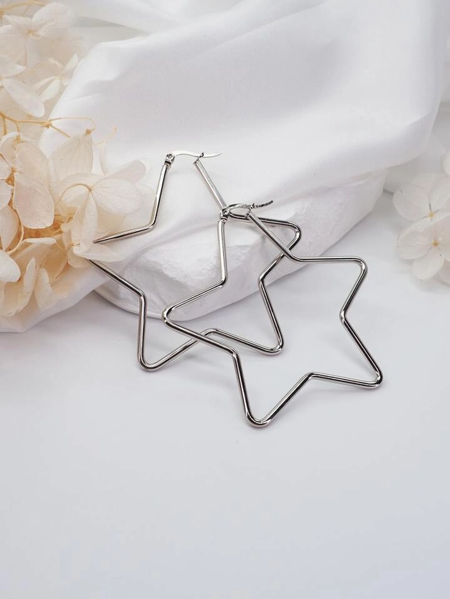 Pendientes de aro geométricos de acero inoxidable de 2 piezas con diseño de estrella, corazón y círculo en varios tamaños, colores y estilos