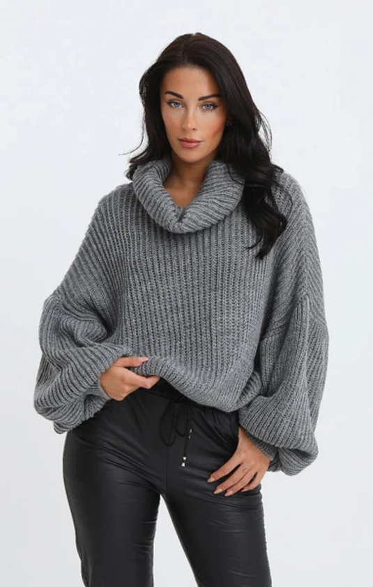 Charcoal Cowl Neck Balloon Sleeve Chunky Knit Jumper - Evelyn
