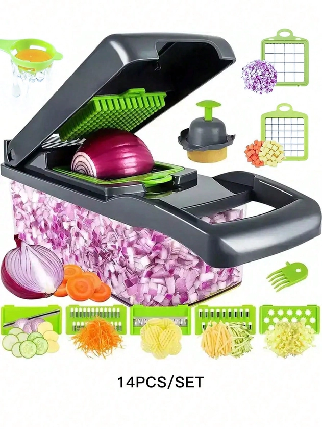 14pcs/Set Multi-Functional Vegetable Cutter, Fruit And Vegetable Slicer, Shredder, Knives (With Container), Onion Chopper (With Interchangeable Blades), Potato Grater, Kitchen Tools (14pcs/16pcs Set)