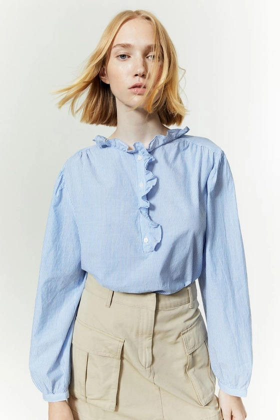 Ruffle-trimmed Pullover Blouse - Blue/striped - Ladies | H&M US