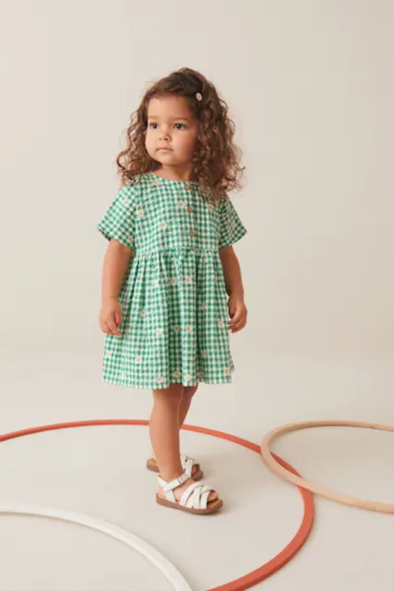 Green Embroidered Daisy Relaxed 100% Cotton Dress (3mths-8yrs)