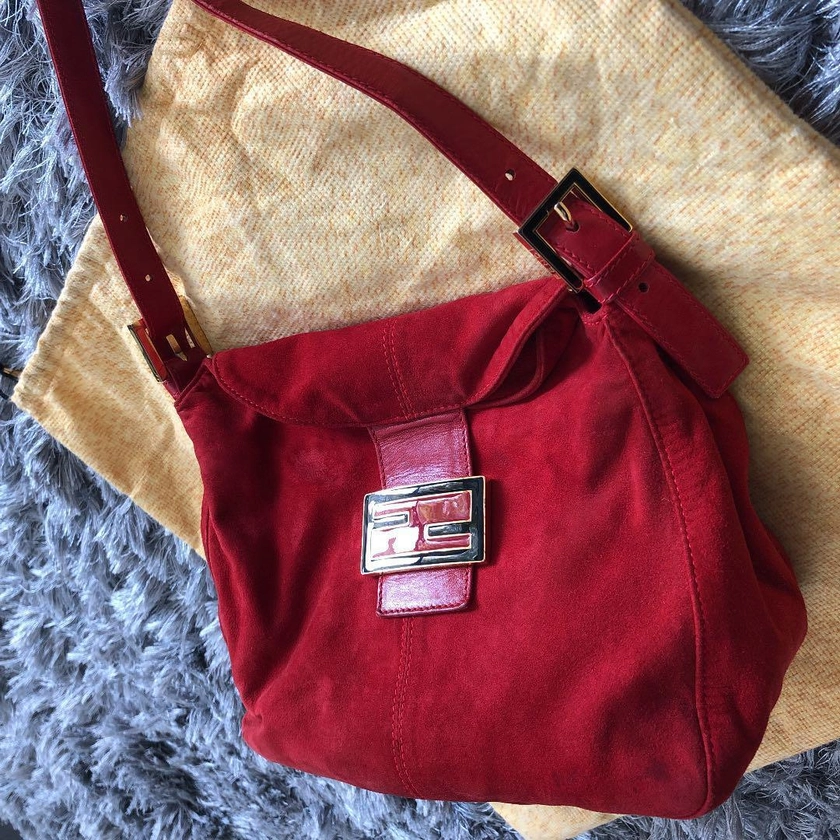 FENDI Manma Bucket Bag Shoulder Bag FF Leather ViVid Red 230622T