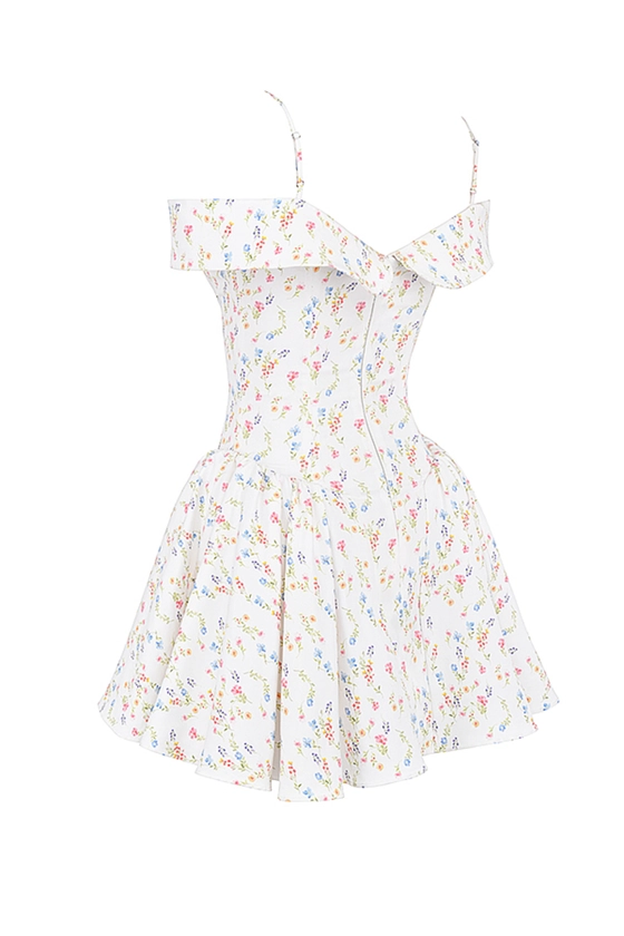 Clothing : Mini Dresses : 'Elida' White Posy Print Corset Mini Dress