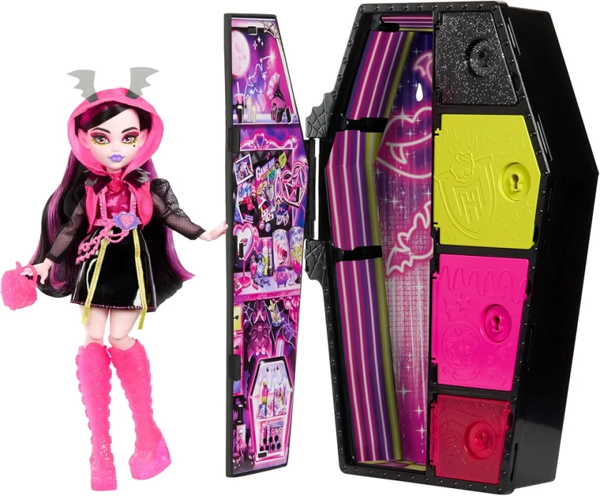 Monster High Coffret Monstrueux Secrets Série Frayeurs Néon avec Poupée Articulée Draculaura, Casier, Plus De 19 Surprises, Plus De 125 Looks À Créer, Jouet Enfant, Dès 3 Ans, HNF78