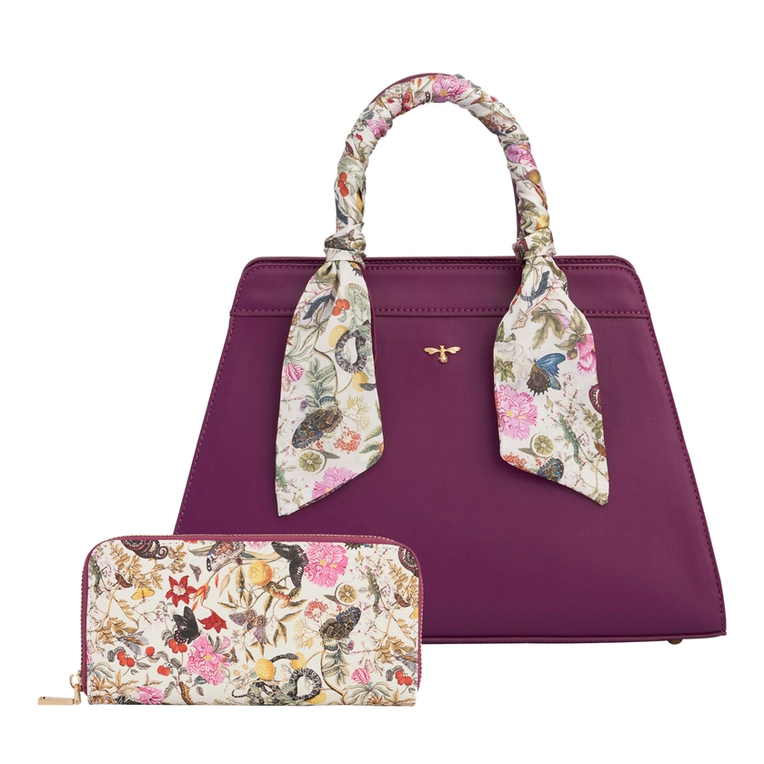 Fable England Floral Engravings Large Plum Tote & Large Zip Purse Set by Fable England