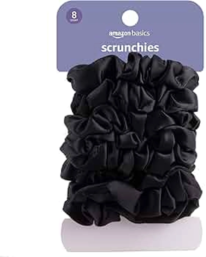 Amazon Basics Satin Scrunchies, Black, Pack of 8