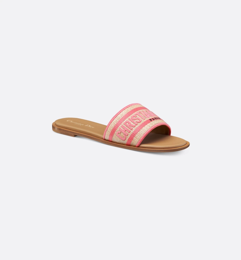Dioriviera Dway Slide Natural Raffia and Candy Pink Embroidered Cotton | DIOR