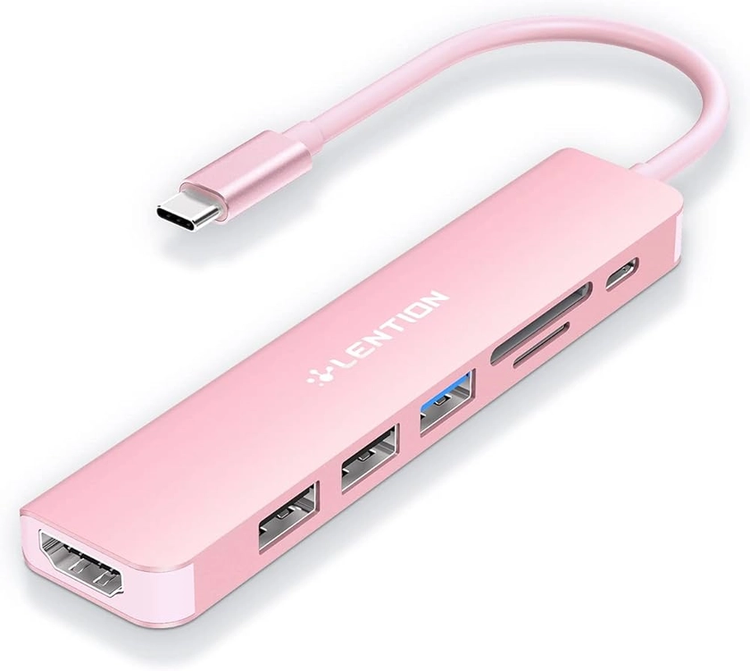LENTION Hub USB C avec Charge PD 100W HDMI 4K Lecteur de Carte SD/Micro SD USB 3.0 Adaptateur Compatible 2023-2016 MacBook Pro/Mac Air M1/M2 Chromebook iPad Plus d'appareils de Type C(CE18 Rose)