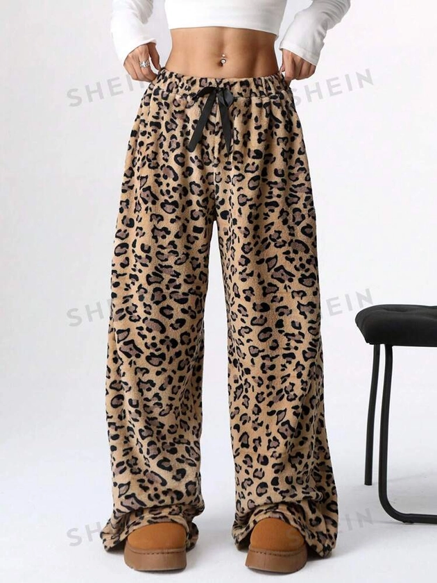 SHEIN EZwear Women's Tie-Waist Fluffy Leopard Print Casual Wide Leg Baggy Pants | SHEIN USA