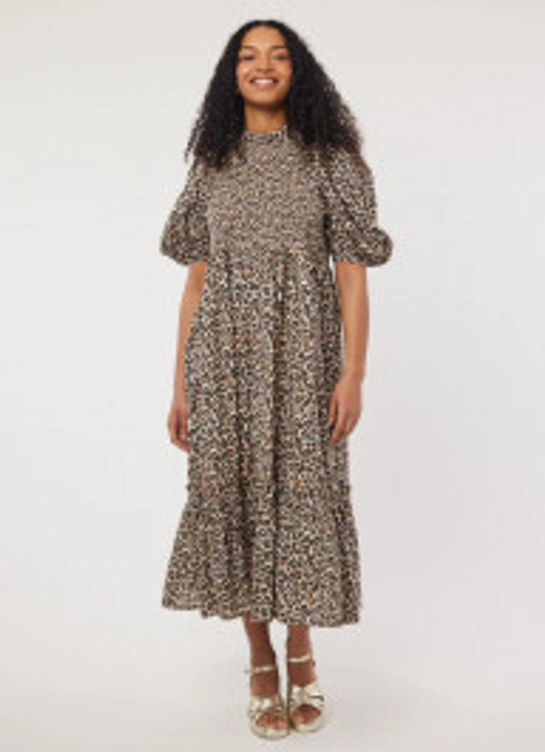 Priya Leopard Print Puff Sleeve Midi Dress