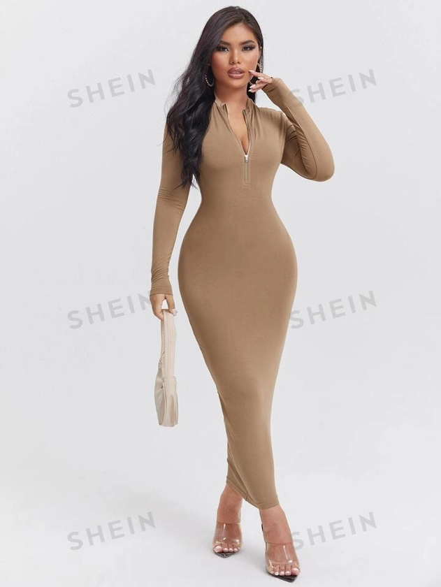 SHEIN SXY Zip Front Solid Bodycon Dress
