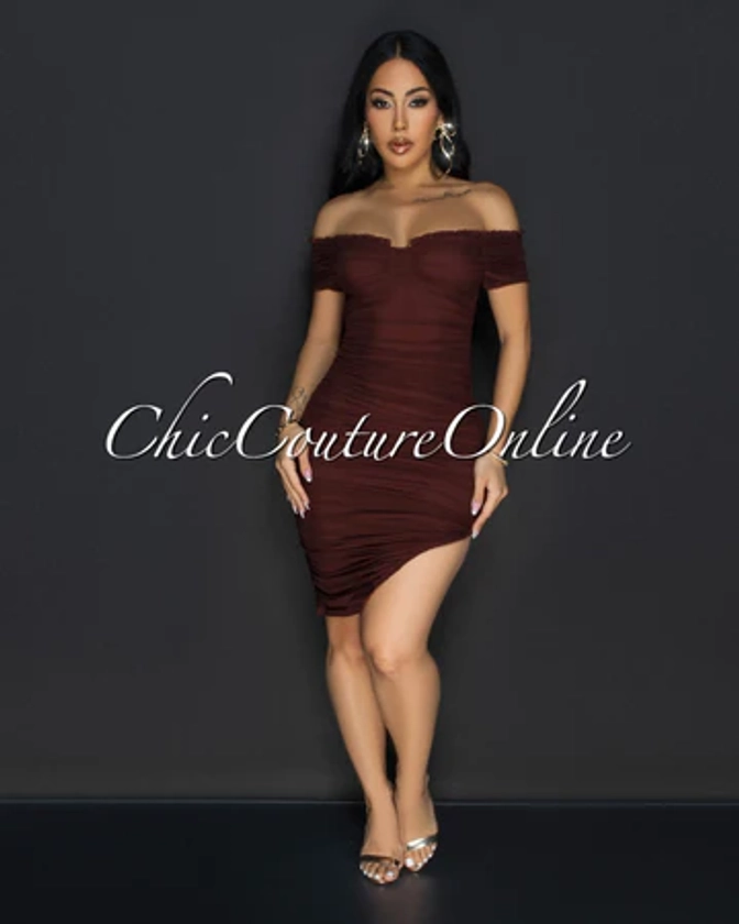 Linna Brown Ruched Off-The Shoulder Dress