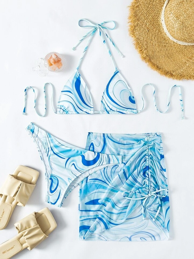 SHEIN Swim Vcay 3pack Allover Print Halter Bikini Swimsuit & Cover Up | SHEIN UK