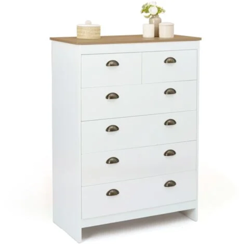 Commode ISIS 80 cm 6 tiroirs blanc et plateau bois