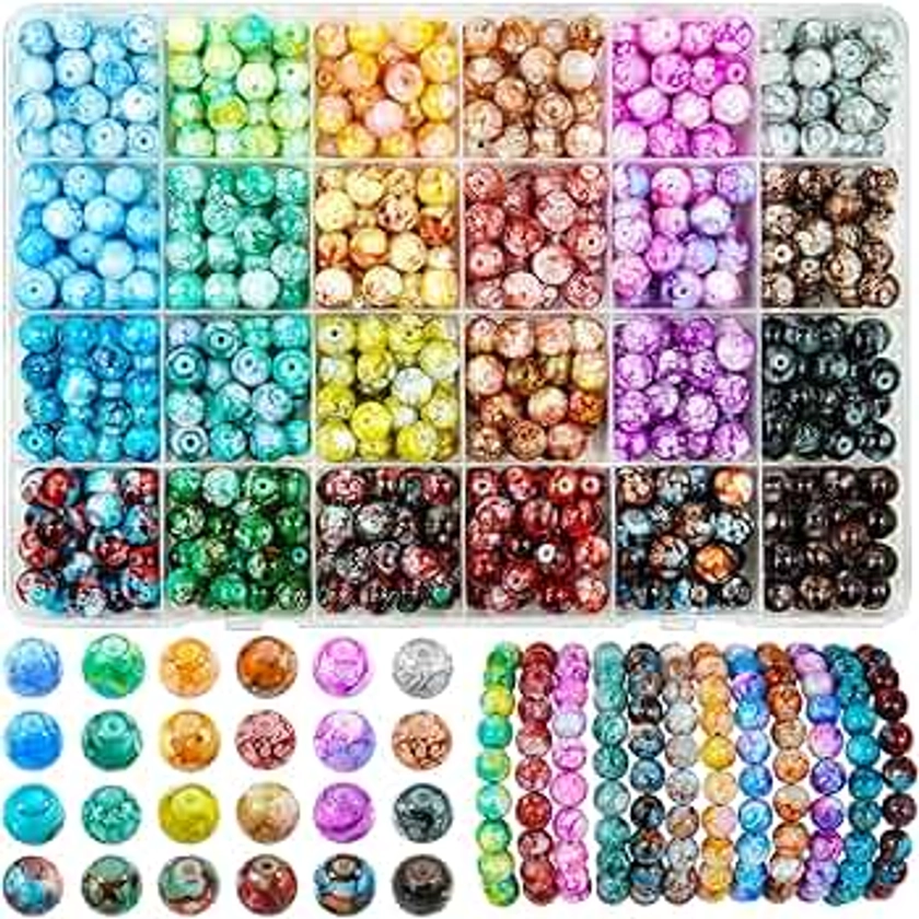 Glass Beads for Jewelry Making, 600pcs 8mm Glass Crystal Pattern Beads 24 Colors Snowflake Marble Gemstone Beads Imitation Jade Craft Beads for DIY Earrings Necklace Bracelet (Snowflake Crystal Bead)