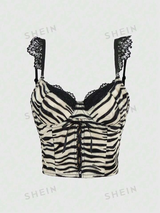 ROMWE Grunge Punk Lace Trimmed Front Tie Zebra Print Cami Top