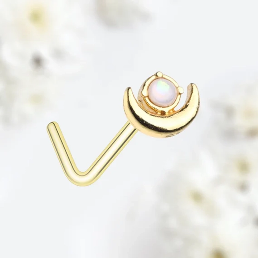 20G Gold White Opal Moon L Shape Nose Stud