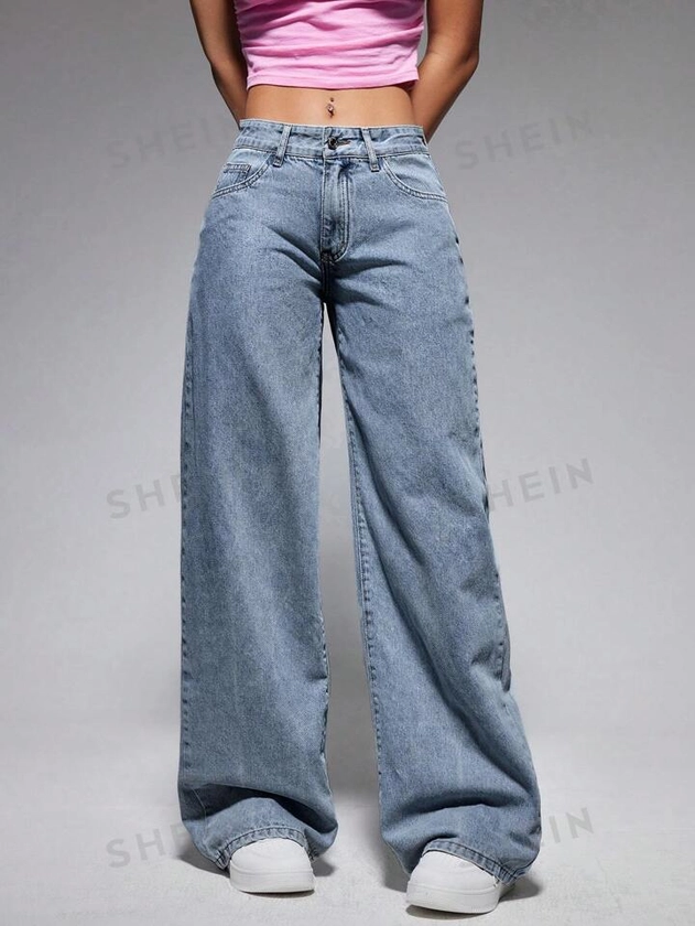 SHEIN ICON Women Casual Slant Pocket Everyday Wide Leg Jeans