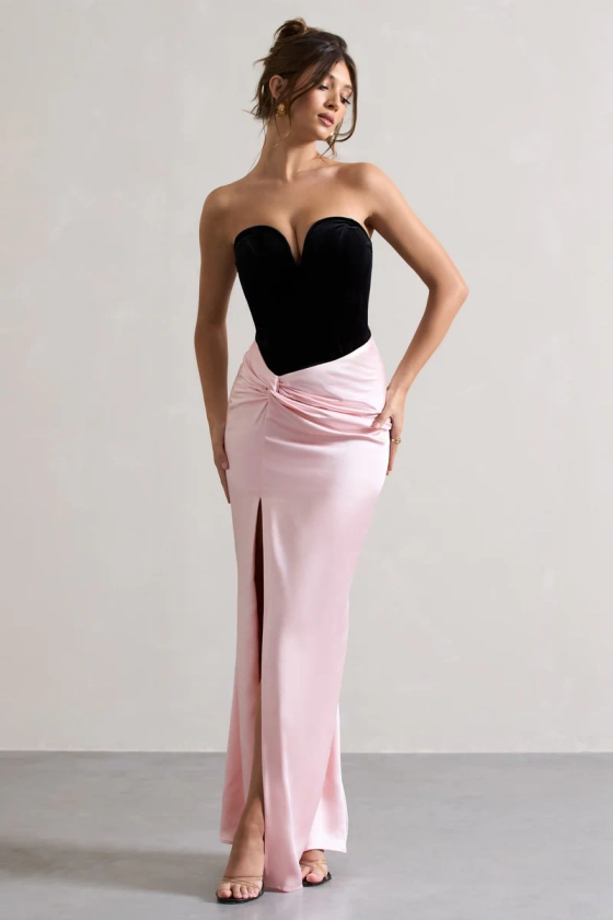 Bethany | Black & Pink Corseted Wrap Maxi Dress