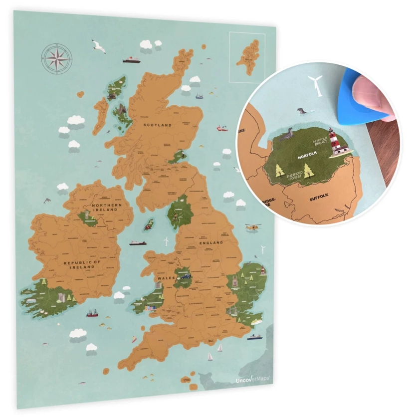 Scratch Off UK and Ireland Illustrated Travel Map - ideal gift for him or her, campervan or home decor