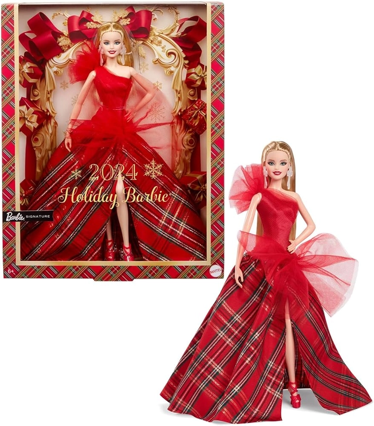 Barbie Signature Doll, 2024 Holiday Blonde Fashion Doll Wearing Gown with Plaid Skirt, Seasonal Collector Gift in Displayable Packaging, HRM65