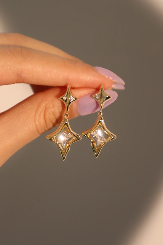 14K Real Gold Plated Diamond Star Earrings