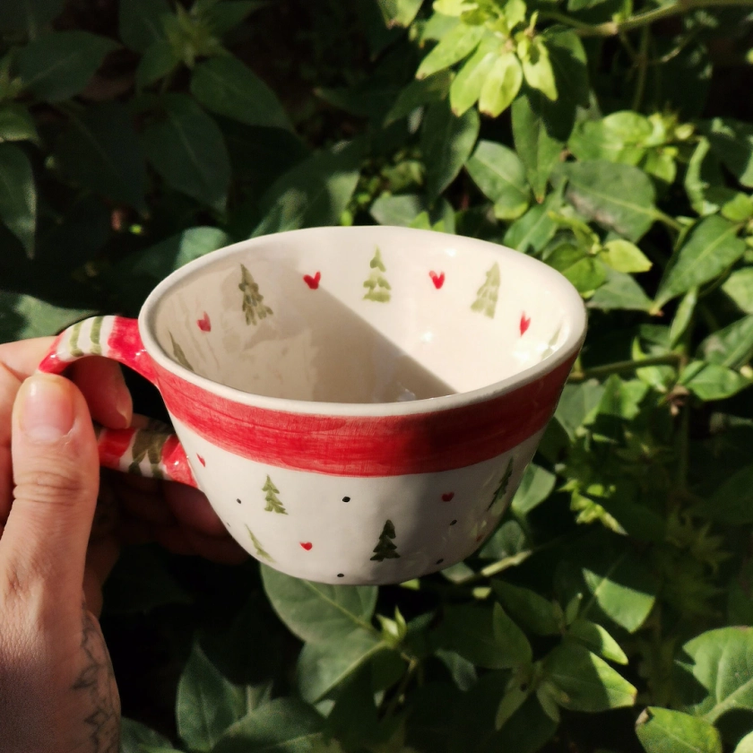 Festive Forest Delight: Handmade Ceramic Cup with Charming Pine Tree Pattern