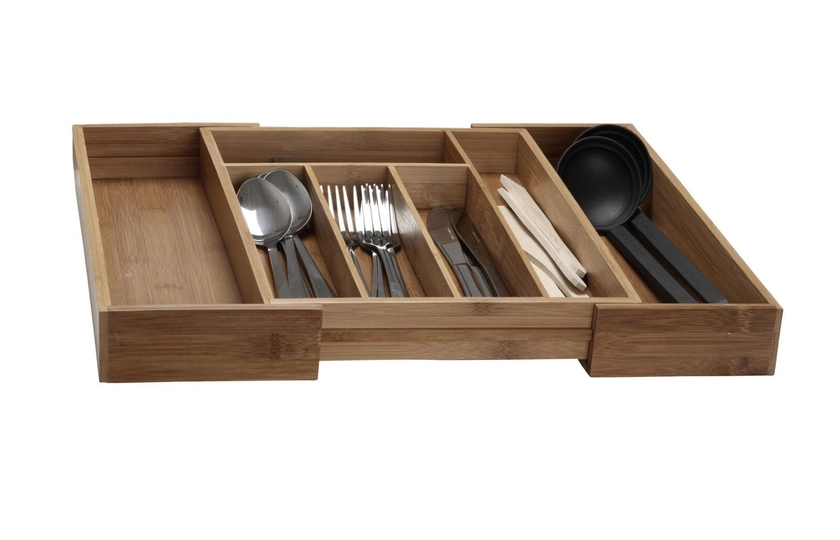Extendable Bamboo Cutlery Box Wood Kitchen Drawer Organiser Utensil Storage Tray