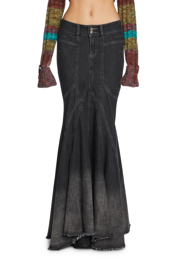 Current Mood Low Rise Denim Godet Maxi Skirt - Dark Grey