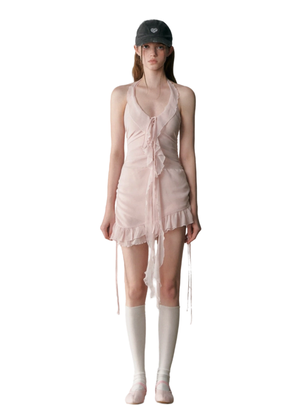 LLDC Pink Ruched Chiffon Halterneck Mini Dress