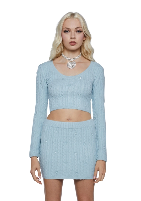 Sugar Thrillz Cable Knit Heart Gem Knit Sweater - Light Blue