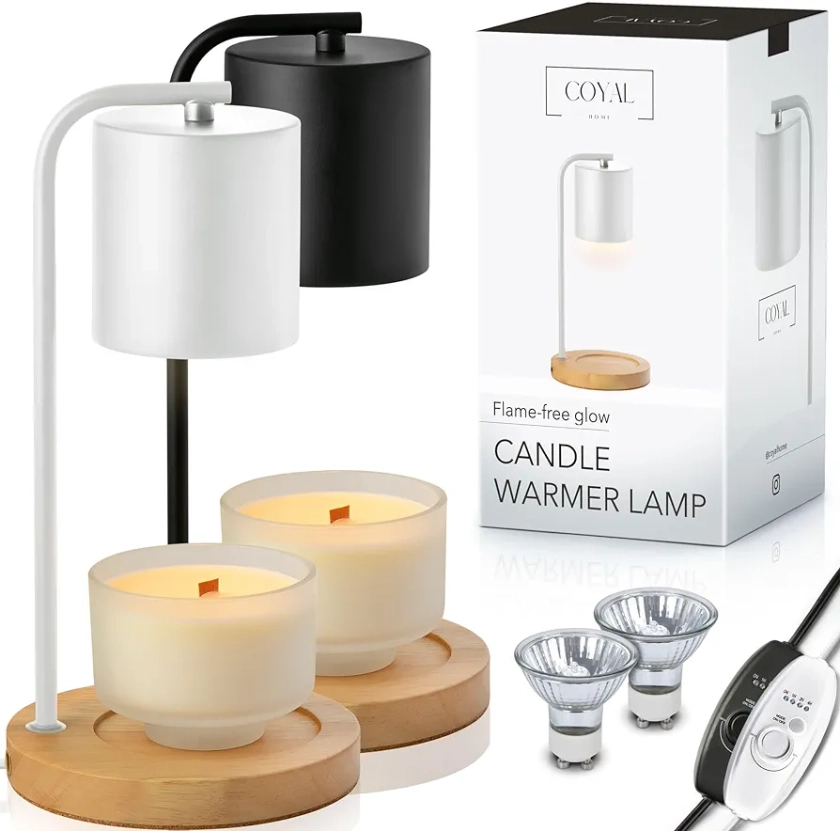 Candle Warmer Lamp Flameless Electric Candle Warmer with Timer & 2 Bulbs, Wax Warmer Lamp for Jar Candles, Lamp Warmer with Timer & Dimmer, Stylish Candle Warming Lamp, Mother’s Day Gift -White/Wood