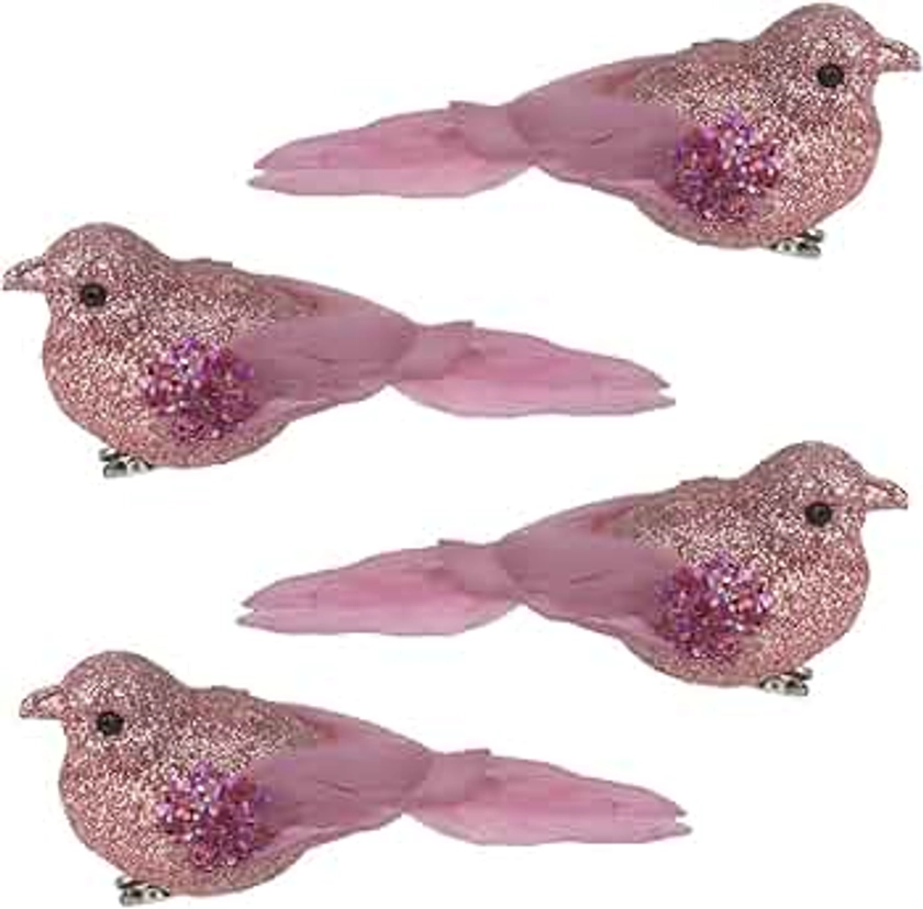 4 Pack Glitter Birds 9cm Clip on Christmas Decoration - Pink 6348