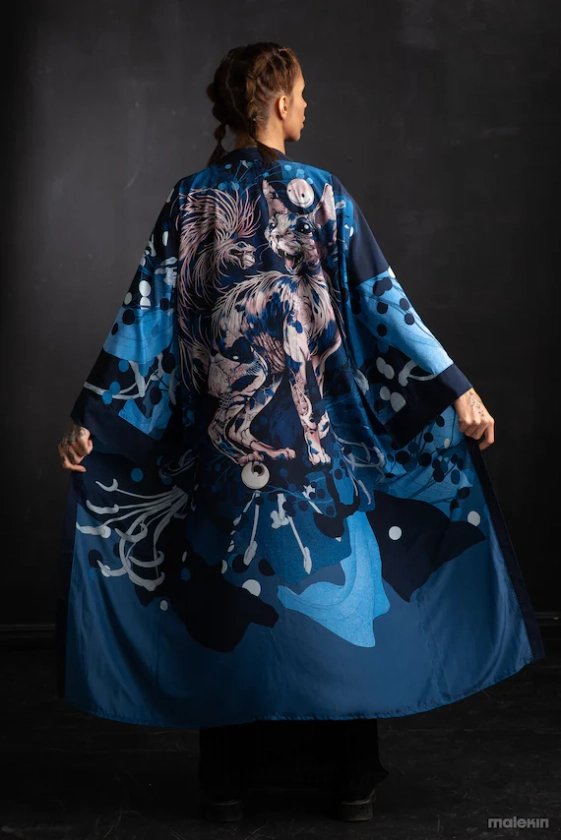 Extra Long Unisex Kimono Neko Blue Sphynx Cat Print Robe Caftan One Size Silky Cover Up Lounge Festival Wear Silky Malekin