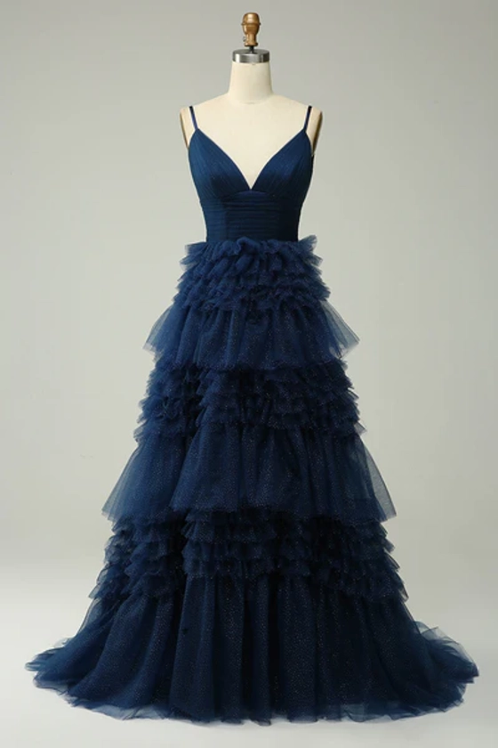 Une ligne Spaghetti Straps Navy Long Prom Dress avec des volants