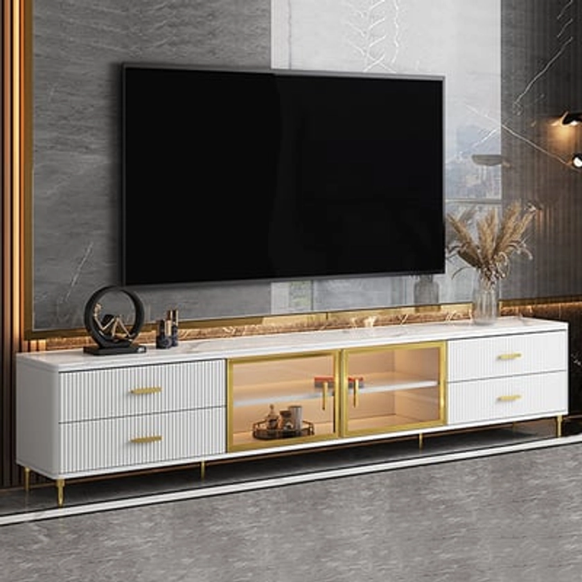 Cofab 78.7" TV Stand with Drawers & Shelves White Media Console with Glass Doors | Homary 