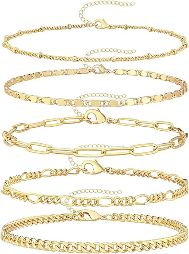 Gold Bracelets Set for Women 14K Real Gold Plated Dainty Gold Link Chain Bracelets for Women Trendy Gold Stackable Cuff Bracelets for Jewelry Gifts Women Adjustable 7"+2"