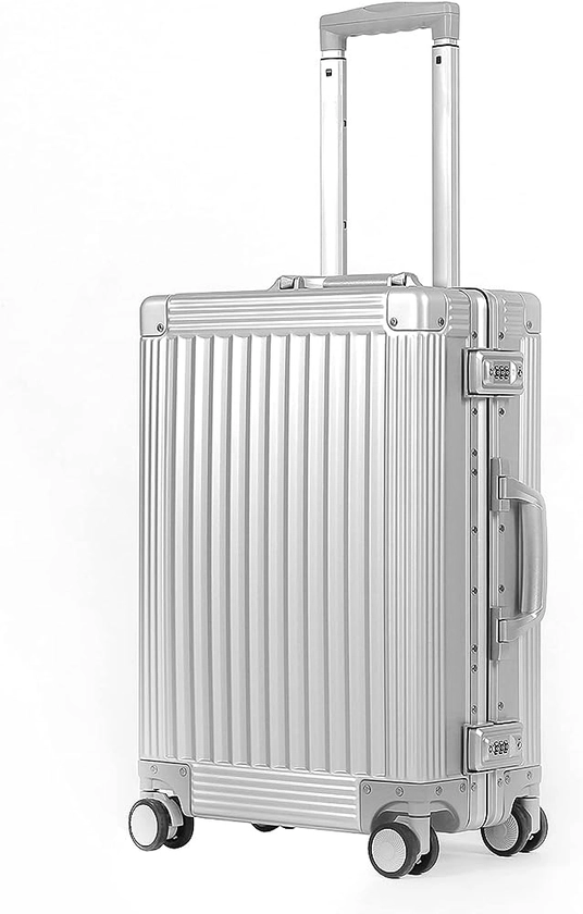 DOMINOX All Aluminum Carry On Luggage Hard Shell Luggage Aluminum Suitcase for Travel Zipperless Luggage Checked Luggage with Silent 360° Spinner Wheels 20 In. (Vertical Grain Style, Sliver)