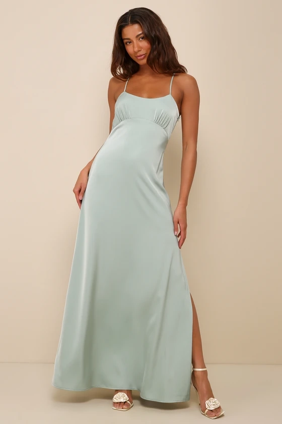 Wonderful Essence Sage Green Satin Backless Maxi Dress