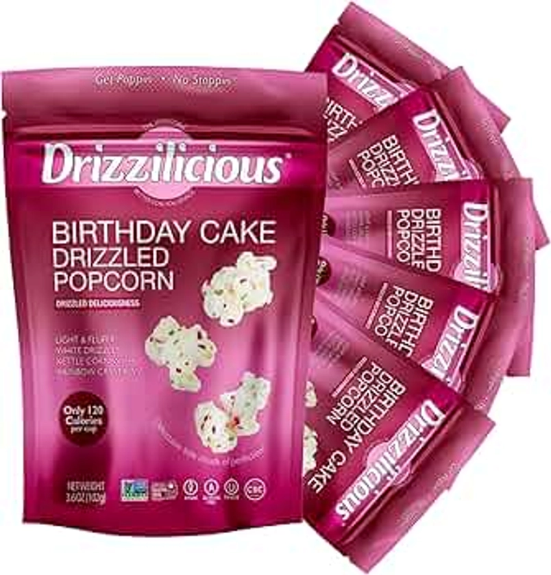 Drizzilicious Birthday Cake Popcorn - Birthday Popcorn, Flavored Popcorn, White Chocolate Drizzle Funfetti Kettle Corn, Non-GMO, Vegan, Allergen Free, Gluten Free -3.6 oz Bag (Pack of 6)