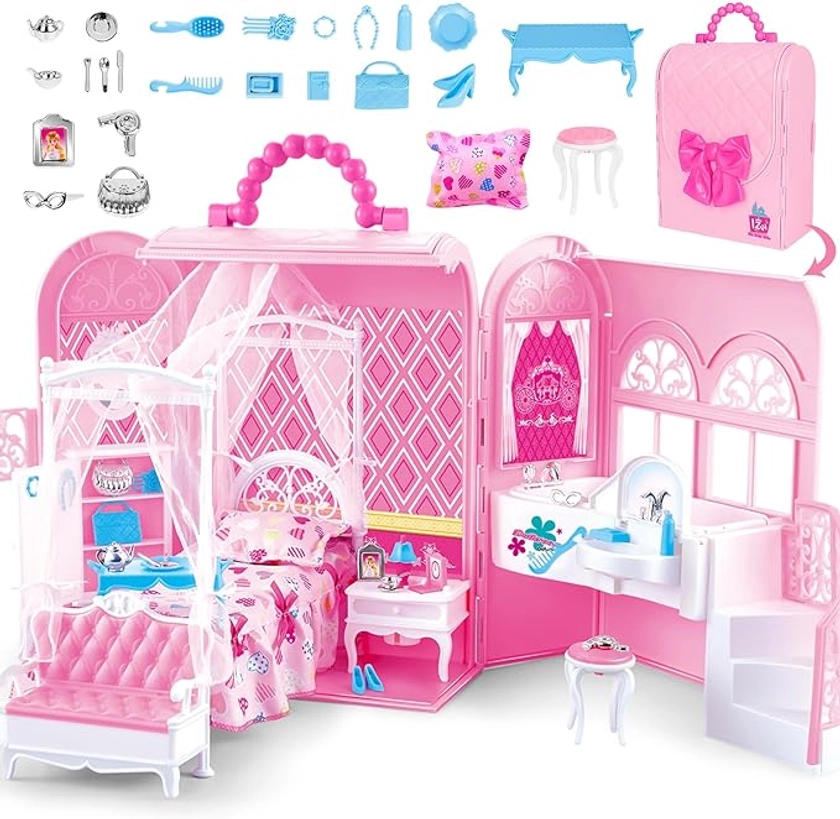 deAO 2-in-1 Pink Portable Carry Case Handbag and Dollhouse with Princess Deluxe Bedroom Furniture (Doll Not Included)
