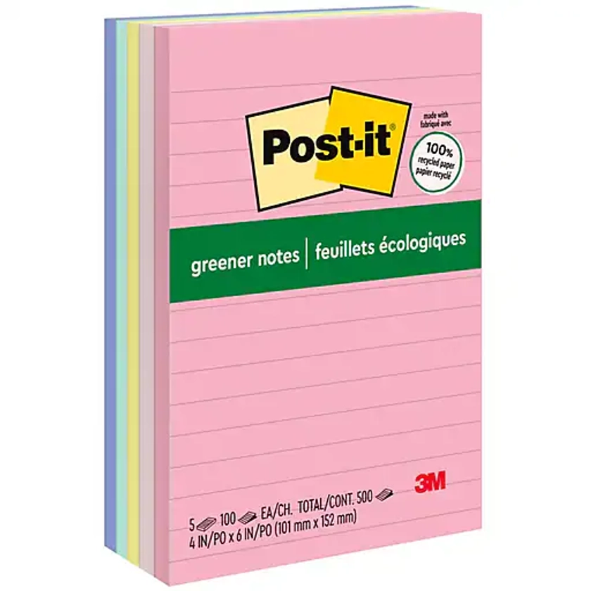 Post-it Greener Recycled Notes, 4" x 6", Sweet Sprinkles Collection, Lined, 100 Sheet/Pad, 5 Pads/Pack (6605PKRPA) | Staples