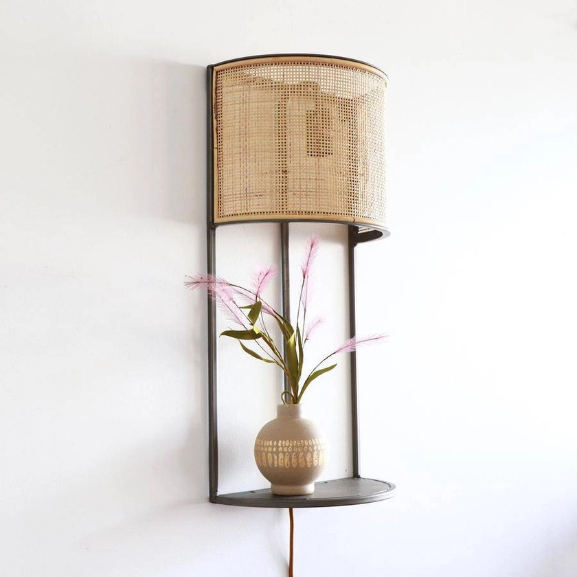 Rattan and Metal Wall Hanging Sconce Light with Shelf